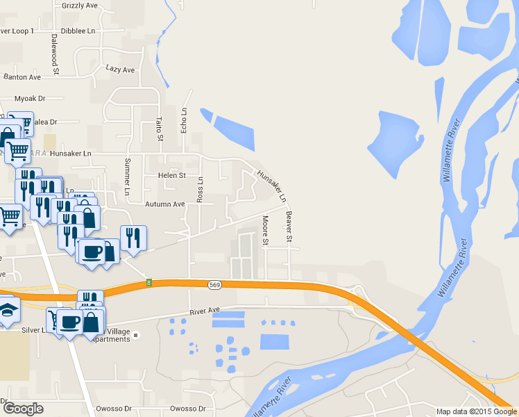 map of restaurants, bars, coffee shops, grocery stores, and more near 870 Hunsaker Lane in Eugene