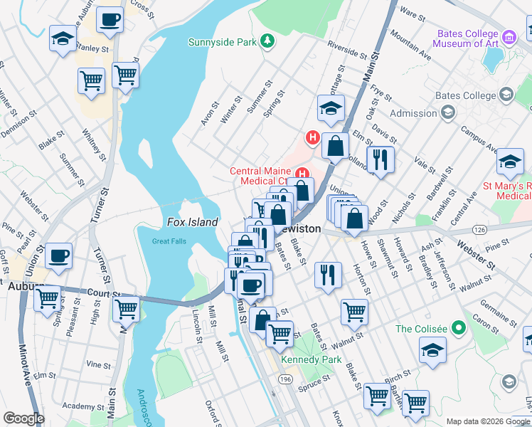map of restaurants, bars, coffee shops, grocery stores, and more near 13 Granite Street in Lewiston