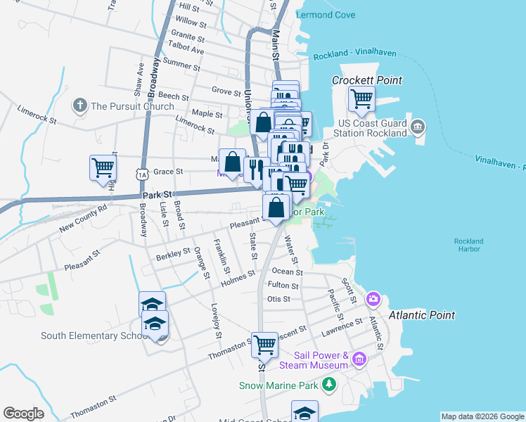 map of restaurants, bars, coffee shops, grocery stores, and more near 10 Union Street in Rockland