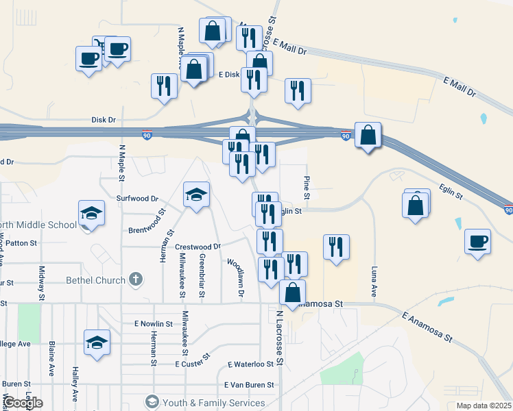 map of restaurants, bars, coffee shops, grocery stores, and more near 1623 North Lacrosse Street in Rapid City