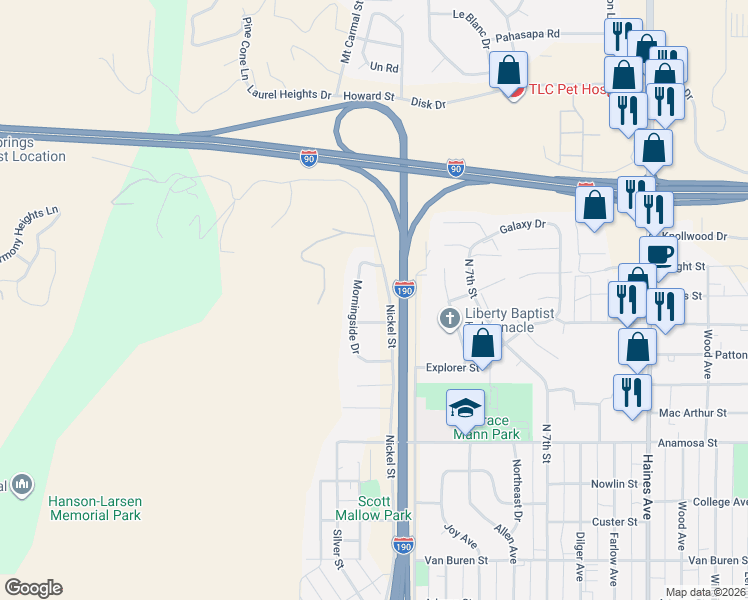 map of restaurants, bars, coffee shops, grocery stores, and more near 1621 West Blvd North in Rapid City