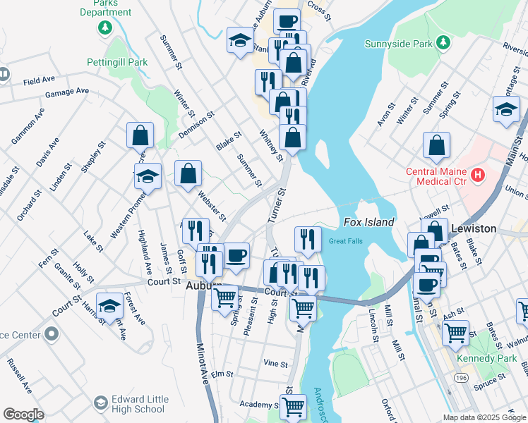 map of restaurants, bars, coffee shops, grocery stores, and more near 170 Turner Street in Auburn