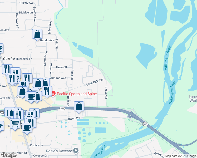 map of restaurants, bars, coffee shops, grocery stores, and more near 870 Hunsaker Lane in Eugene