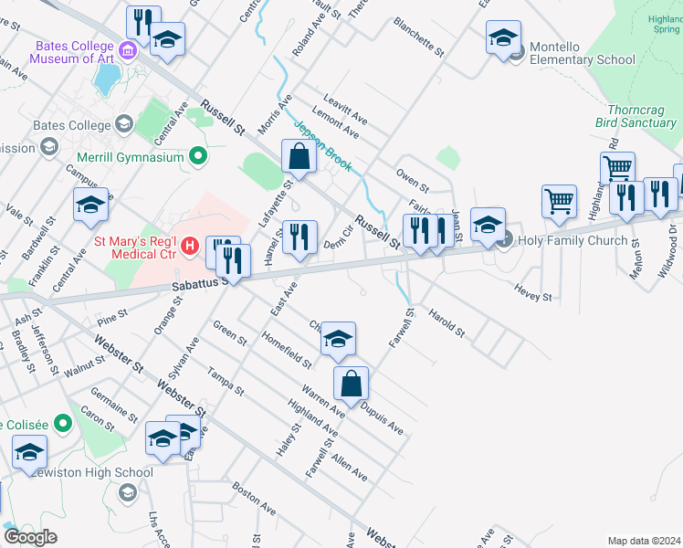 map of restaurants, bars, coffee shops, grocery stores, and more near 446 Maine 126 in Lewiston