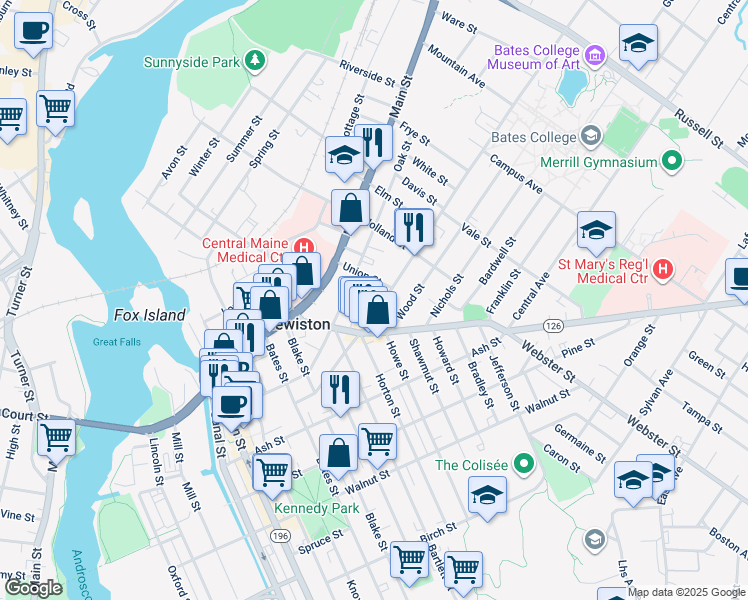 map of restaurants, bars, coffee shops, grocery stores, and more near 29 Union Street in Lewiston
