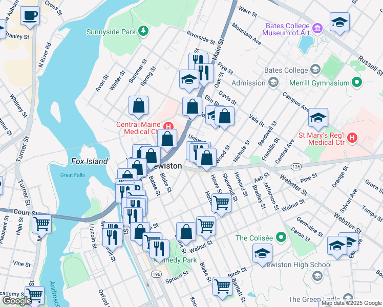 map of restaurants, bars, coffee shops, grocery stores, and more near 29 Union Street in Lewiston