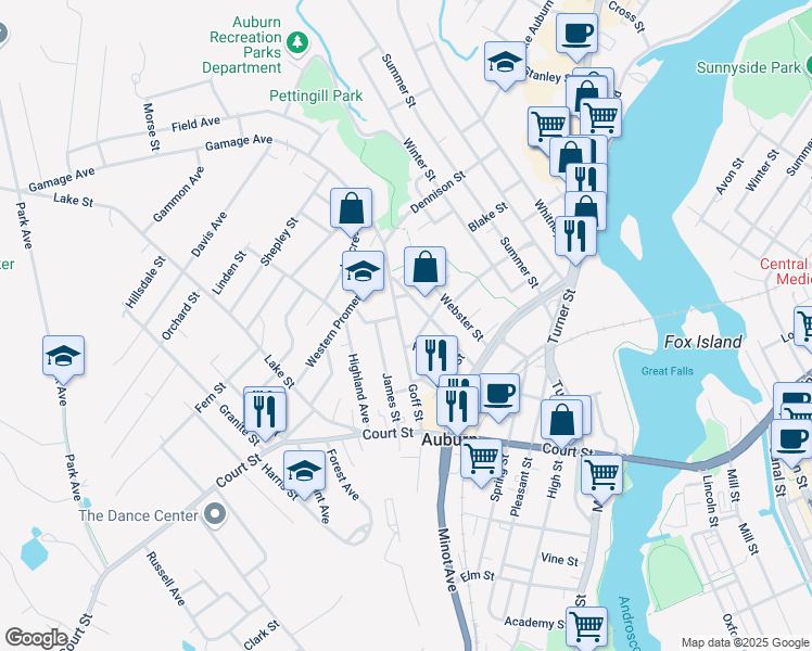 map of restaurants, bars, coffee shops, grocery stores, and more near 97 Goff Street in Auburn