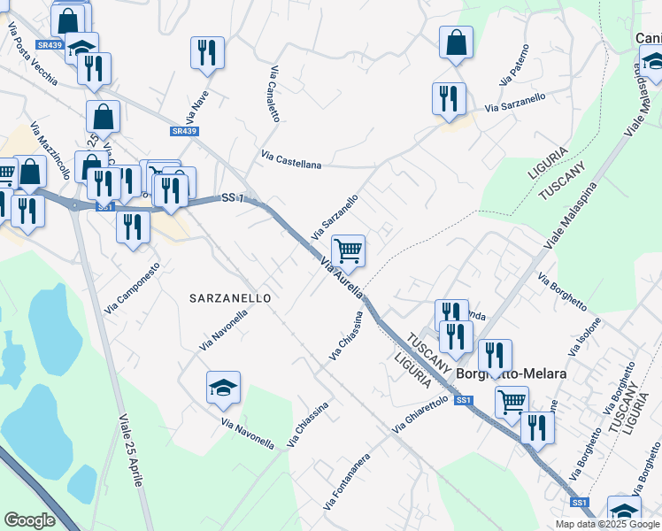 map of restaurants, bars, coffee shops, grocery stores, and more near 186 Via Aurelia in Sarzana