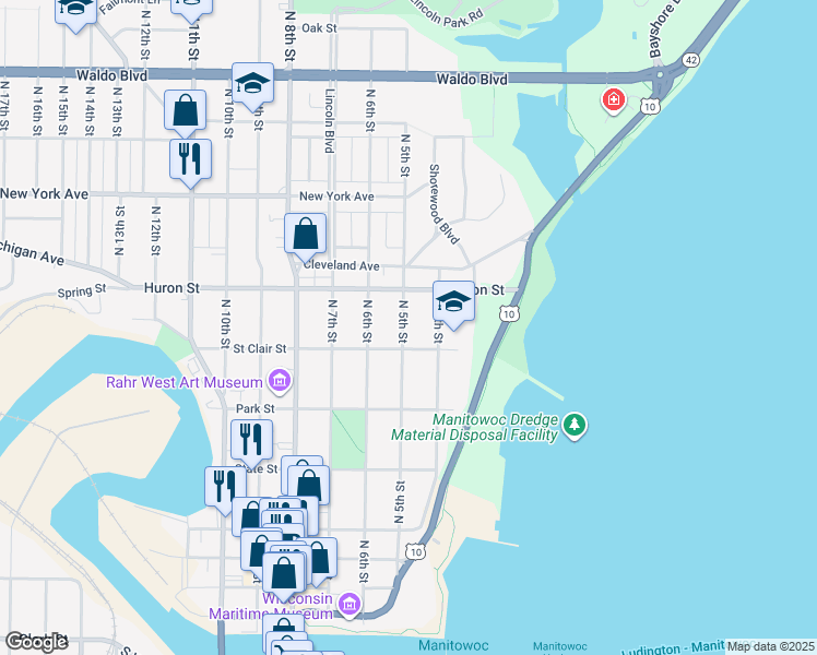map of restaurants, bars, coffee shops, grocery stores, and more near 722 North 4th Street in Manitowoc