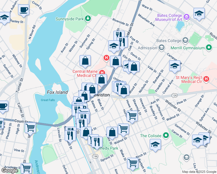 map of restaurants, bars, coffee shops, grocery stores, and more near 319 U.S. 202 in Lewiston