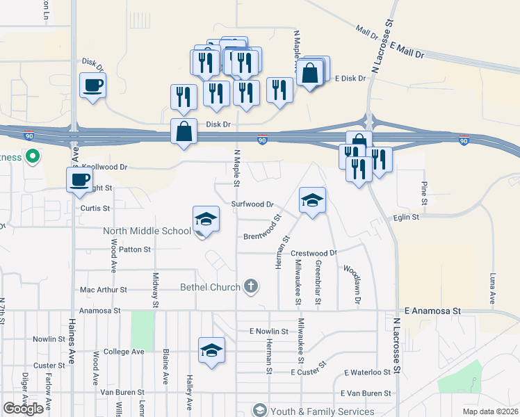 map of restaurants, bars, coffee shops, grocery stores, and more near 111 Surfwood Drive in Rapid City