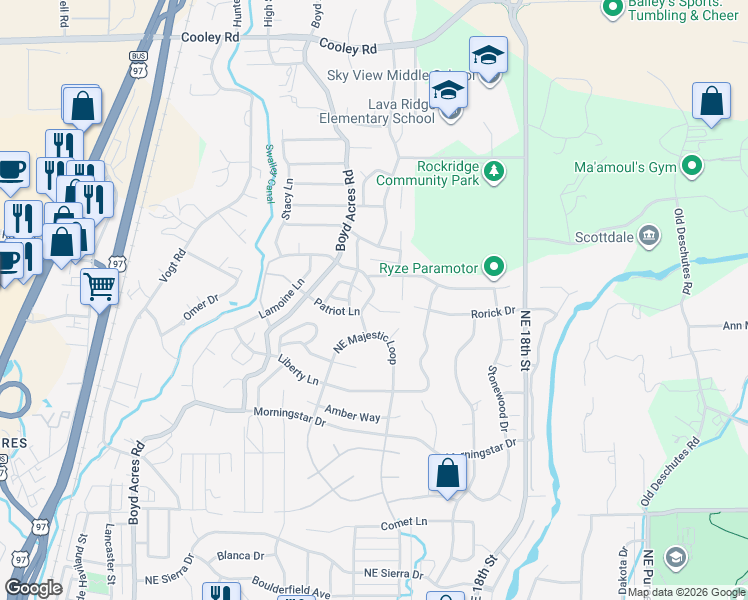 map of restaurants, bars, coffee shops, grocery stores, and more near 63380 Tristar Drive in Bend