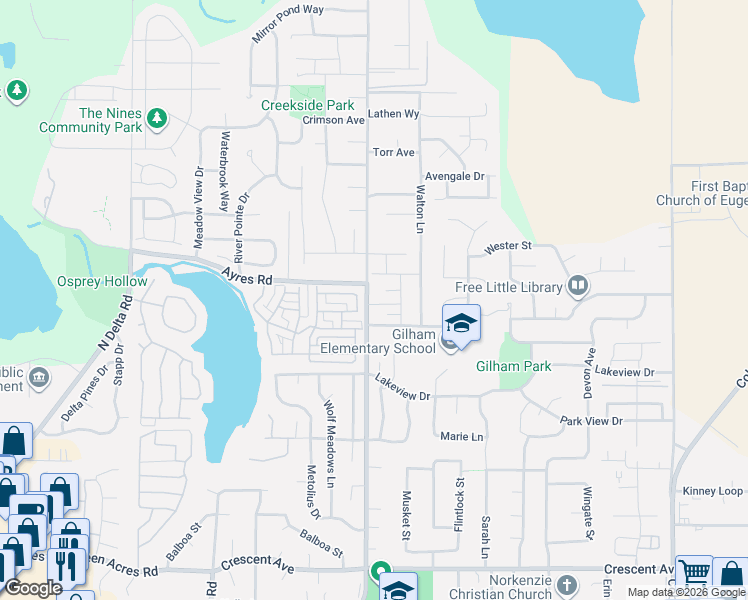 map of restaurants, bars, coffee shops, grocery stores, and more near 2063 Lake Wind Drive in Eugene