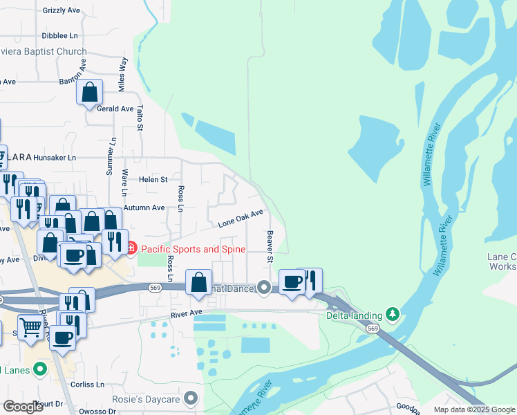 map of restaurants, bars, coffee shops, grocery stores, and more near 870 Hunsaker Lane in Eugene