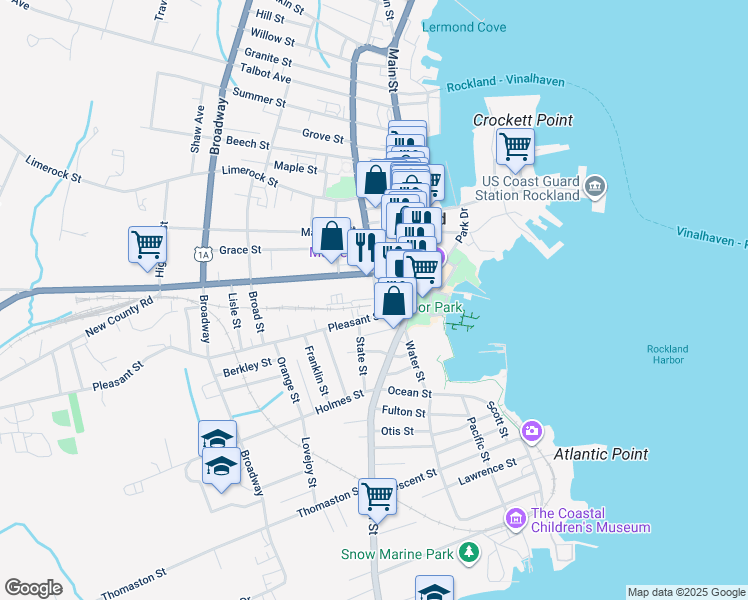 map of restaurants, bars, coffee shops, grocery stores, and more near 12 Union Street in Rockland