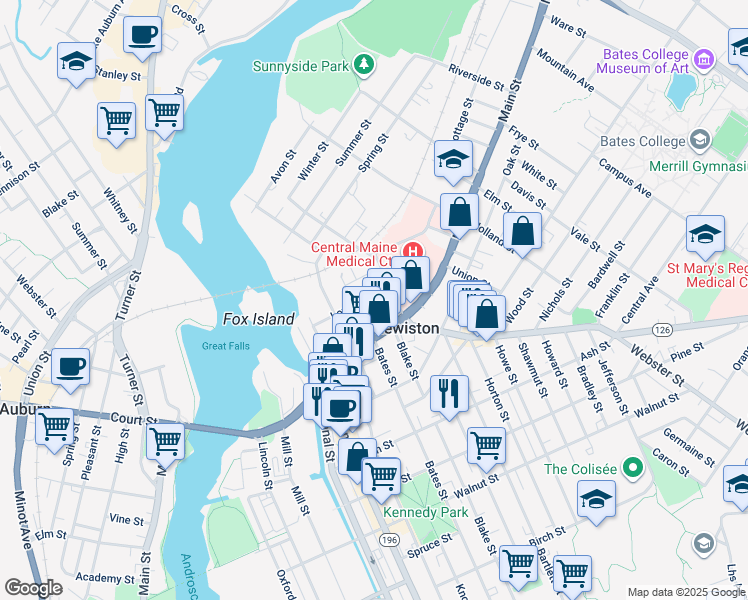 map of restaurants, bars, coffee shops, grocery stores, and more near 13 Granite Street in Lewiston