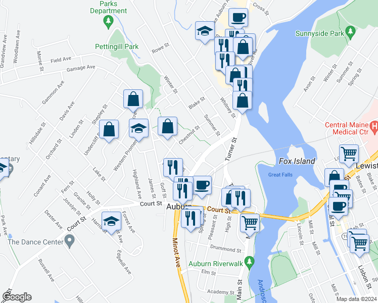 map of restaurants, bars, coffee shops, grocery stores, and more near 11 Bearce Street in Auburn