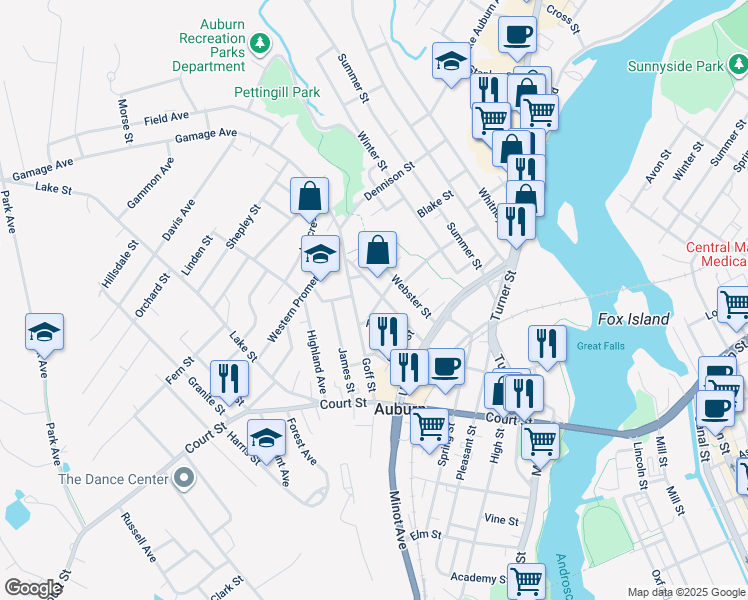 map of restaurants, bars, coffee shops, grocery stores, and more near 97 Goff Street in Auburn