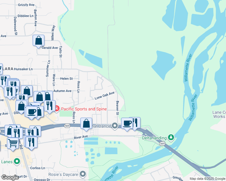 map of restaurants, bars, coffee shops, grocery stores, and more near 595 Lone Oak Avenue in Eugene