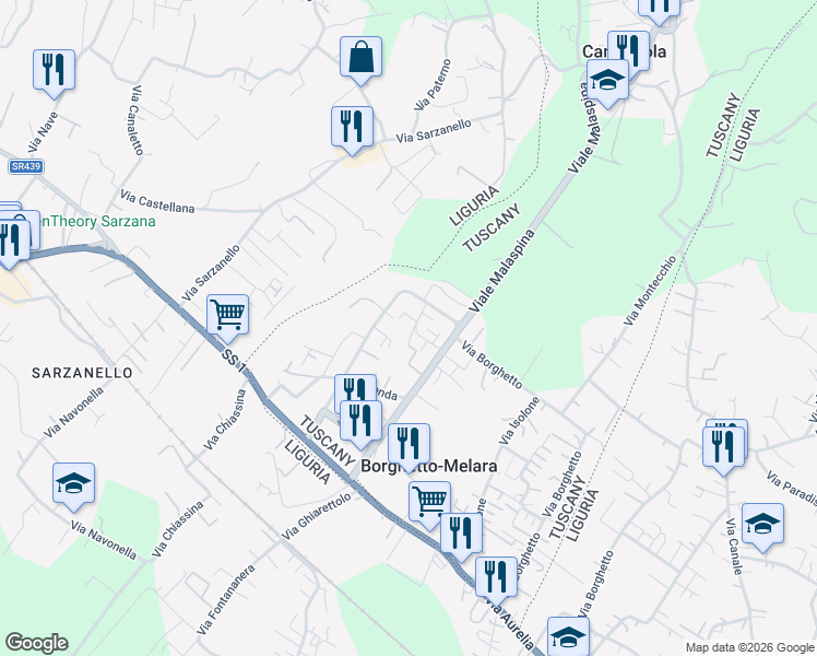 map of restaurants, bars, coffee shops, grocery stores, and more near 13 Via Melara in Borghetto-melara