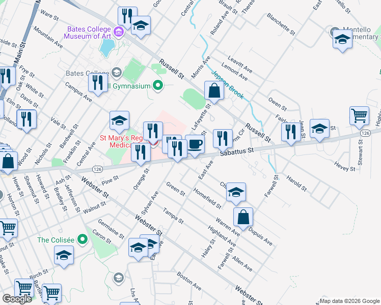 map of restaurants, bars, coffee shops, grocery stores, and more near 12 Hamel Street in Lewiston
