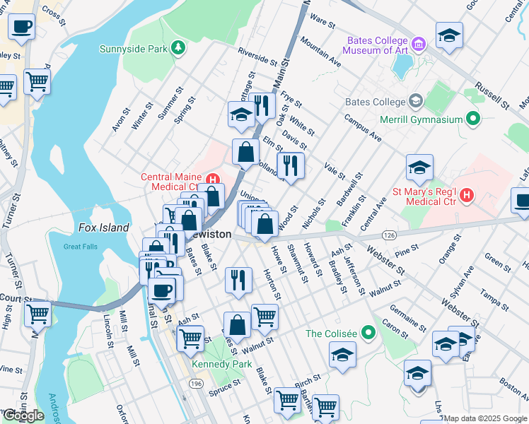 map of restaurants, bars, coffee shops, grocery stores, and more near 29 Union Street in Lewiston