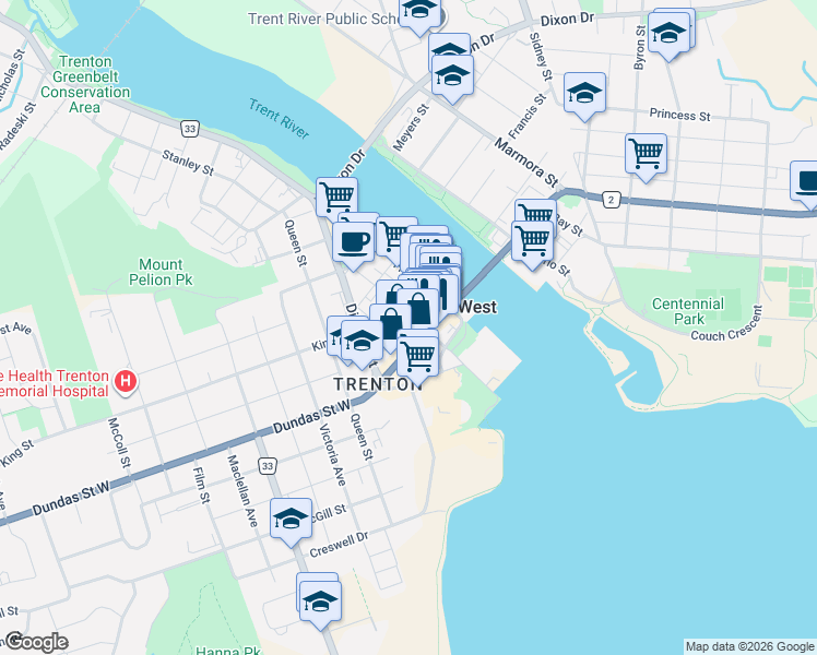 map of restaurants, bars, coffee shops, grocery stores, and more near in Quinte West