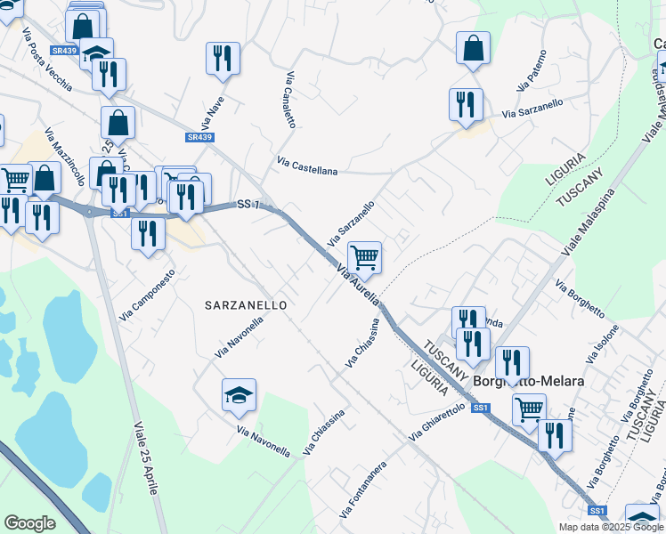 map of restaurants, bars, coffee shops, grocery stores, and more near 186 Via Aurelia in Sarzana