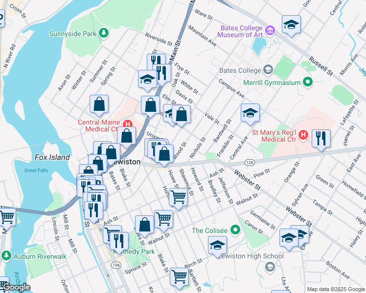 map of restaurants, bars, coffee shops, grocery stores, and more near 35 Wood Street in Lewiston