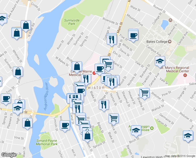 map of restaurants, bars, coffee shops, grocery stores, and more near 289 Main Street in Lewiston