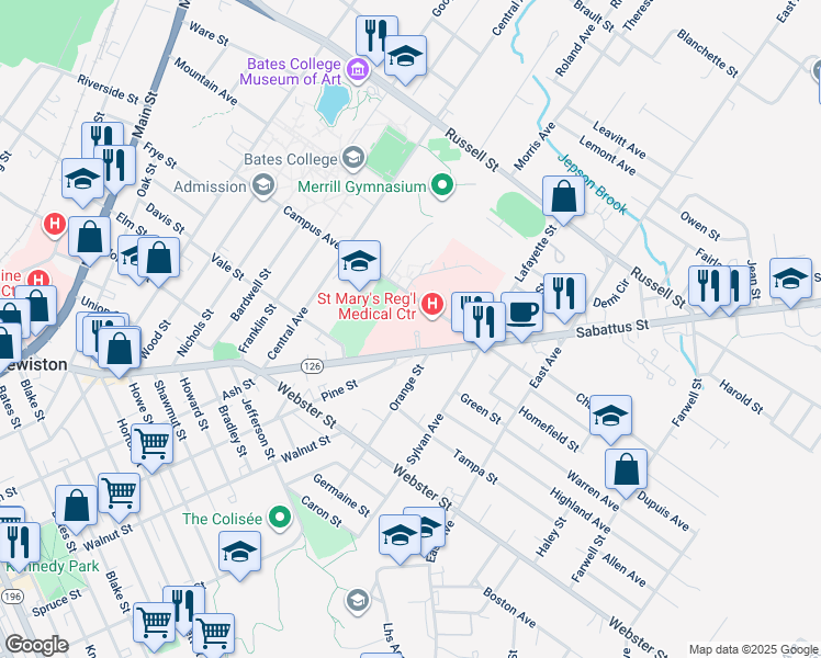 map of restaurants, bars, coffee shops, grocery stores, and more near 45 Golder Road in Lewiston
