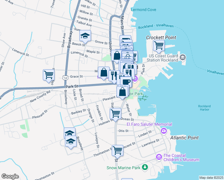 map of restaurants, bars, coffee shops, grocery stores, and more near 12 Union Street in Rockland