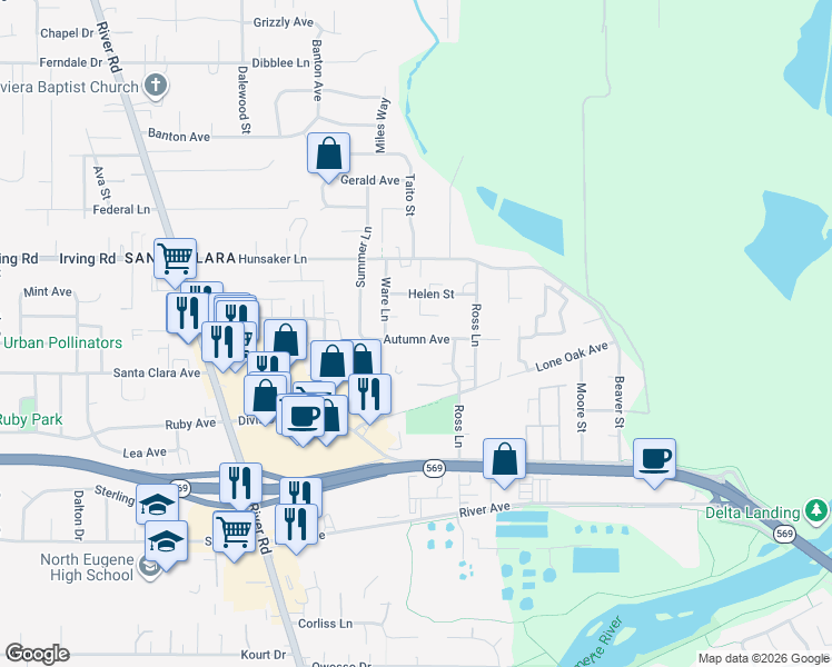 map of restaurants, bars, coffee shops, grocery stores, and more near 485 Autumn Avenue in Eugene