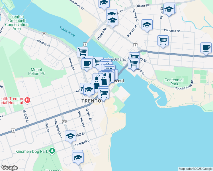 map of restaurants, bars, coffee shops, grocery stores, and more near 38 Dundas Street West in Quinte West