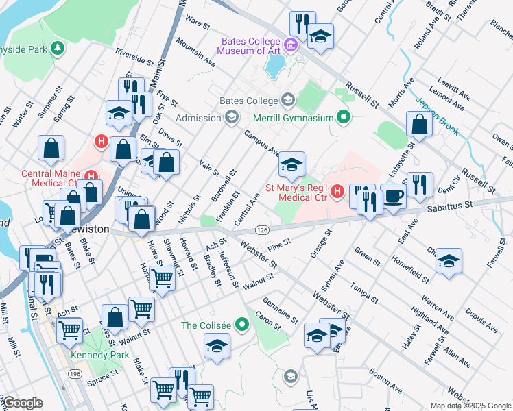 map of restaurants, bars, coffee shops, grocery stores, and more near 49 Central Avenue in Lewiston