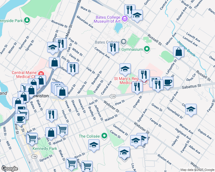 map of restaurants, bars, coffee shops, grocery stores, and more near 49 Central Avenue in Lewiston