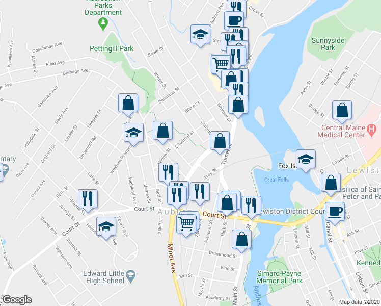 map of restaurants, bars, coffee shops, grocery stores, and more near 11 Bearce Street in Auburn
