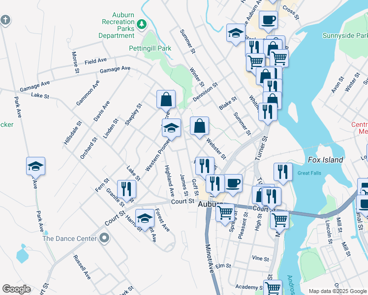 map of restaurants, bars, coffee shops, grocery stores, and more near 97 Goff Street in Auburn