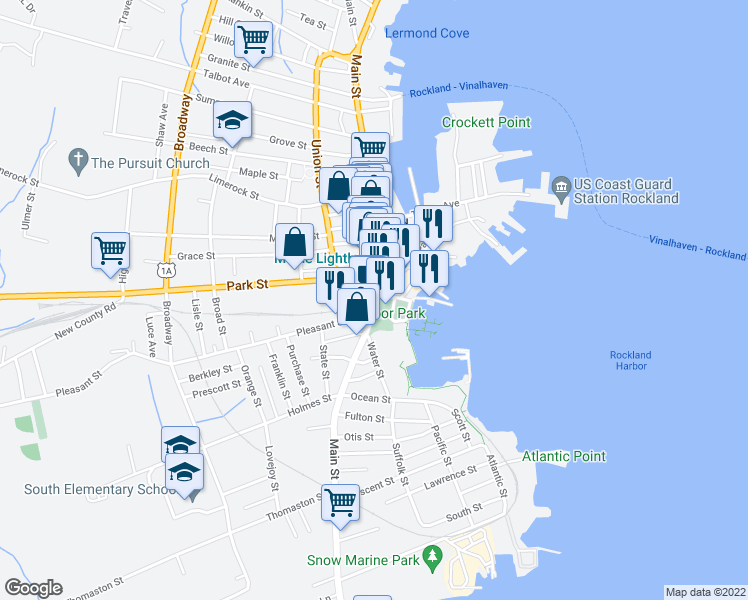 map of restaurants, bars, coffee shops, grocery stores, and more near 298 Maine 73 in Rockland