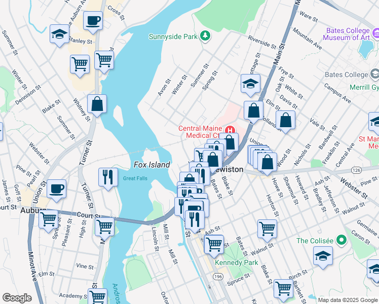 map of restaurants, bars, coffee shops, grocery stores, and more near 38 Middle Street in Lewiston
