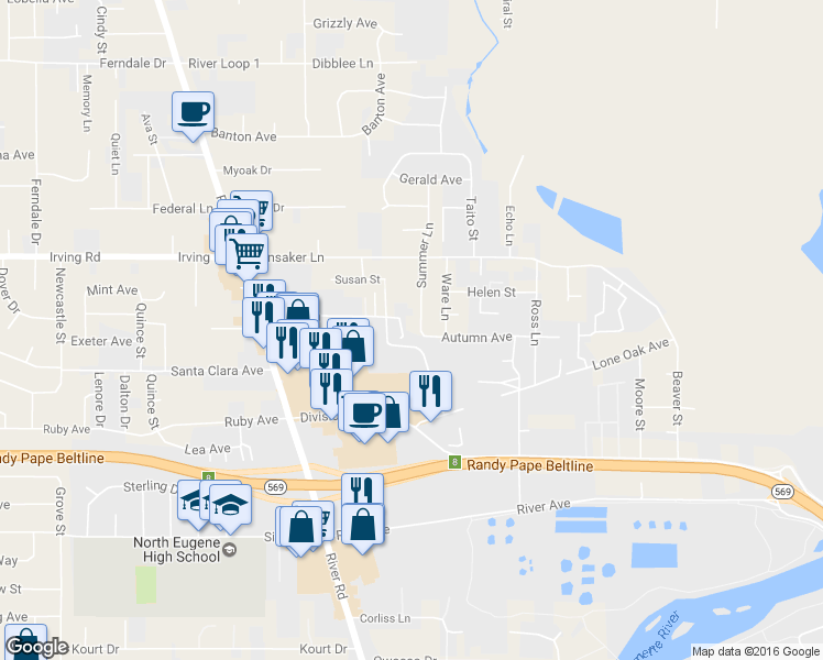 map of restaurants, bars, coffee shops, grocery stores, and more near 2606 Summer Lane in Eugene