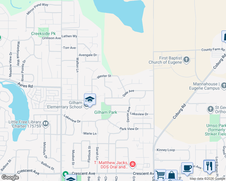 map of restaurants, bars, coffee shops, grocery stores, and more near 3225 Twin Elms Drive in Eugene
