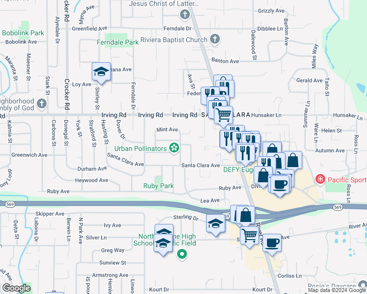 map of restaurants, bars, coffee shops, grocery stores, and more near 280 Jonquil Avenue in Eugene