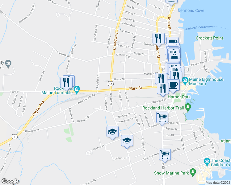 map of restaurants, bars, coffee shops, grocery stores, and more near 118 Park Street in Rockland