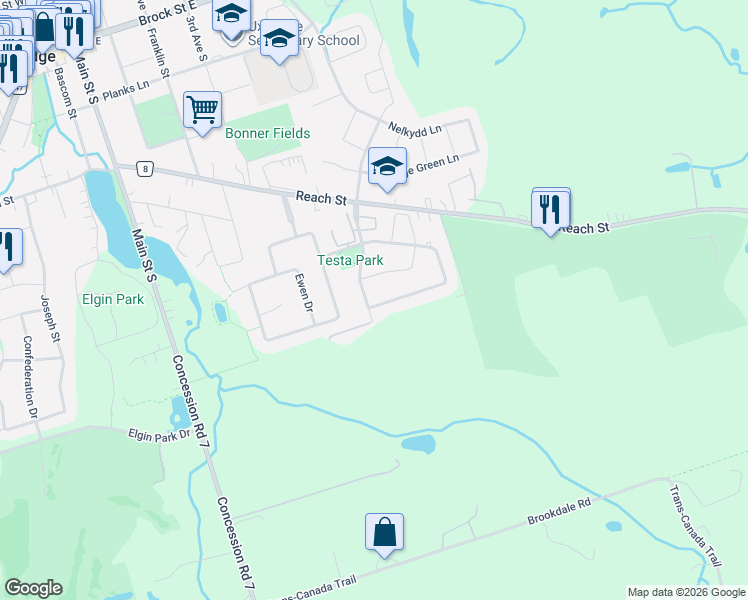 map of restaurants, bars, coffee shops, grocery stores, and more near 4 Enzo Crescent in Uxbridge