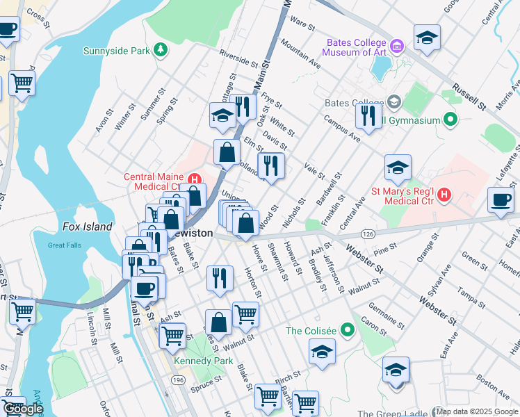 map of restaurants, bars, coffee shops, grocery stores, and more near 113 College Street in Lewiston