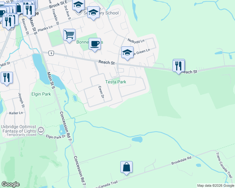 map of restaurants, bars, coffee shops, grocery stores, and more near in Uxbridge