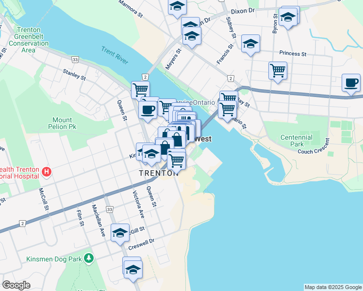 map of restaurants, bars, coffee shops, grocery stores, and more near 38 Dundas Street West in Quinte West