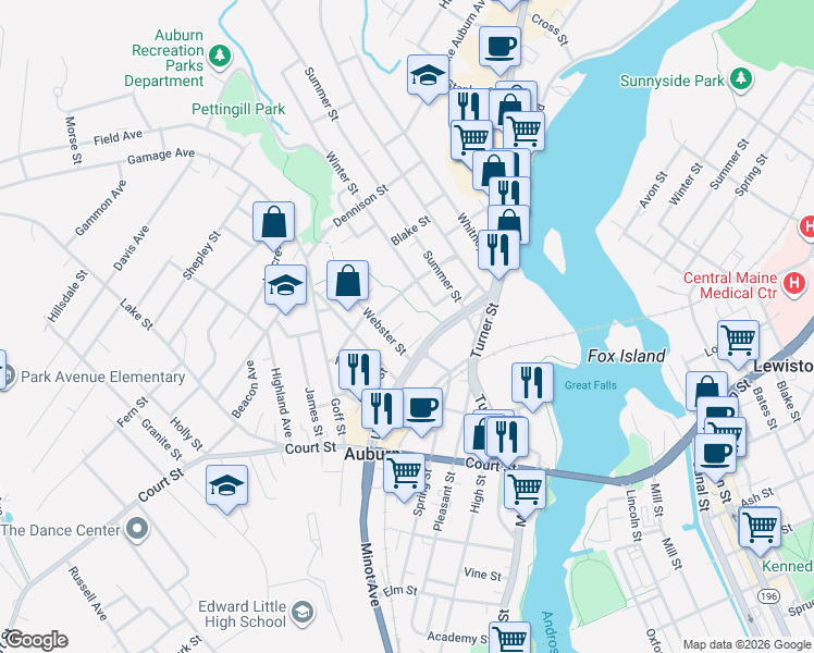 map of restaurants, bars, coffee shops, grocery stores, and more near 11 Bearce Street in Auburn