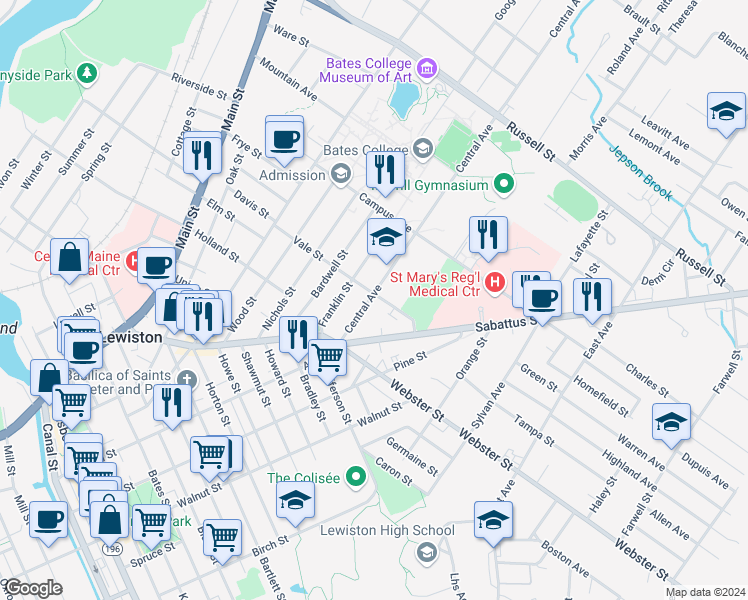 map of restaurants, bars, coffee shops, grocery stores, and more near 49 Central Avenue in Lewiston